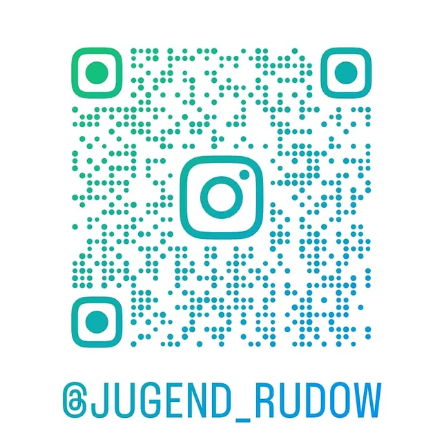 QR-Code für Instagram-Konto „@jugend_rudow“ in Grün/Blau.