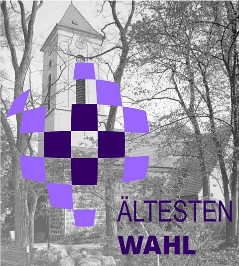 "Ältesten Wahl" Text über Kirche mit lila Pixelkreuz.