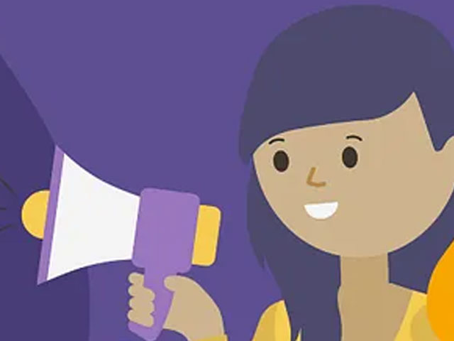 Die Botschaft verbreiten: animierte Frau mit Lautsprecher.